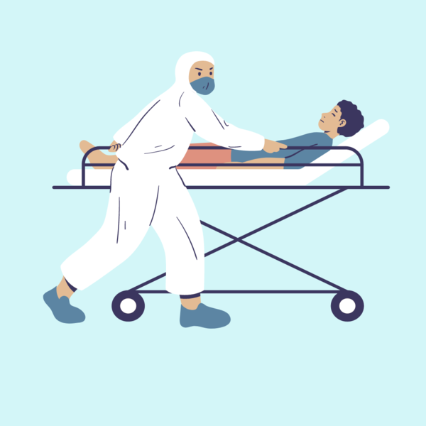 Illustration eines medizinischen Fachpersonals in weißer Schutzkleidung, das eine Patientin oder einen Patienten auf einer fahrbaren Trage schiebt. Die Person auf der Trage scheint wach und schaut zum Helfenden auf. Der Hintergrund ist in einem sanften Blauton gehalten. 